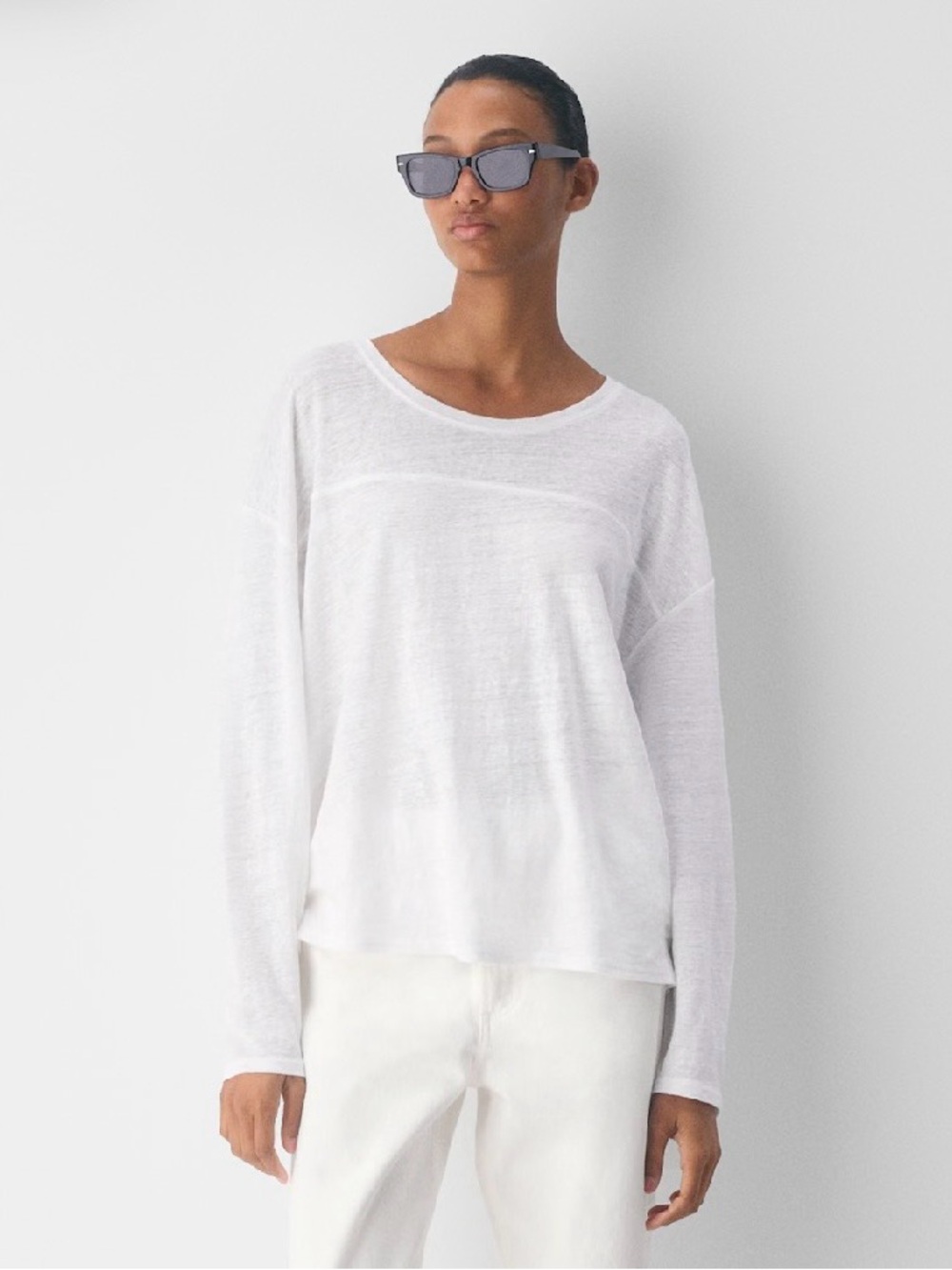 Aritzia Little Moon White Long-Sleeve Scoop Neck Linen Top Size Small
